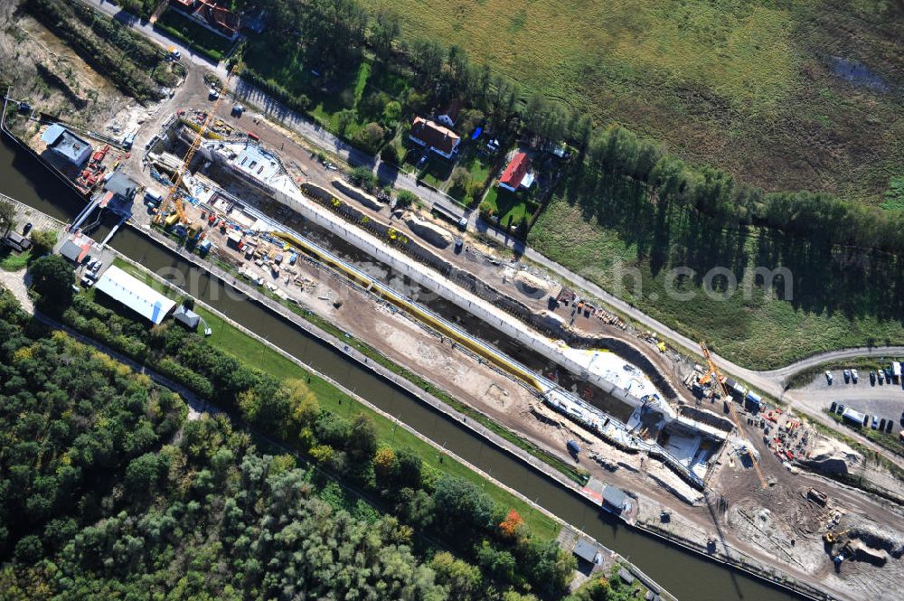 Aerial photograph Wusterwitz - Blick auf die Erweiterungsbaustelle der Schleuse Wusterwitz am Elbe-Havel-Kanal. Ein Projekt des WSV, Wasser- und Schifffahrtsverwaltung des Bundes. View of the construction site of the expansion lock Wusterwitz.