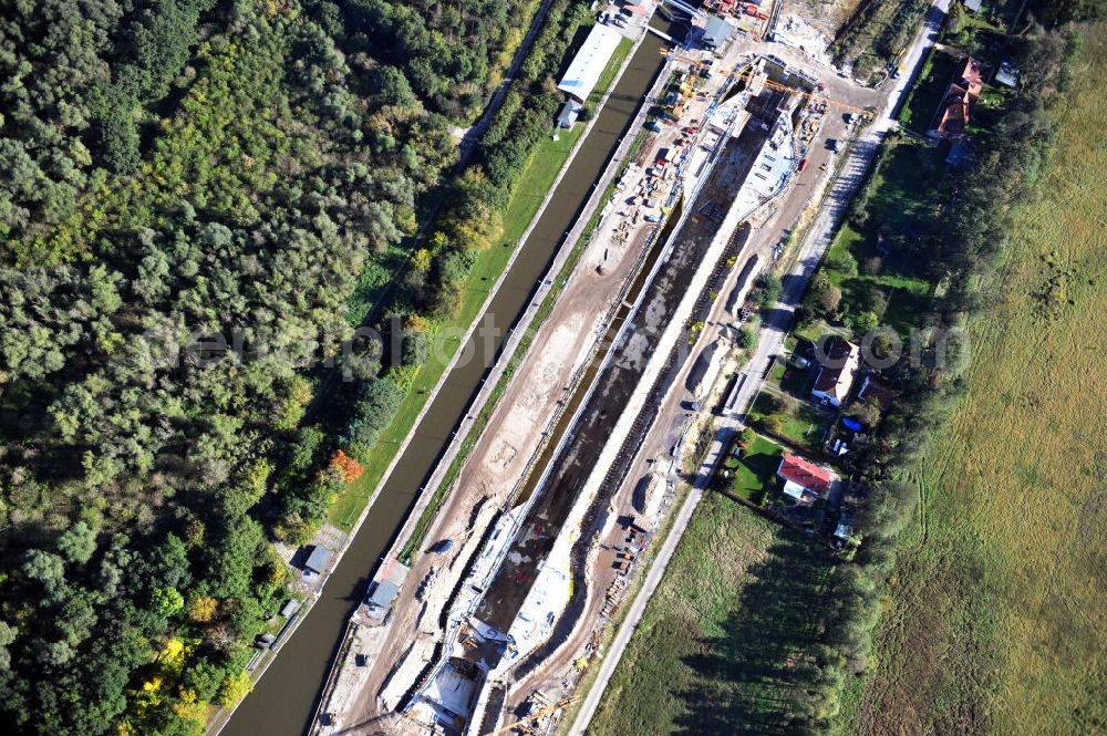 Wusterwitz from above - Blick auf die Erweiterungsbaustelle der Schleuse Wusterwitz am Elbe-Havel-Kanal. Ein Projekt des WSV, Wasser- und Schifffahrtsverwaltung des Bundes. View of the construction site of the expansion lock Wusterwitz.