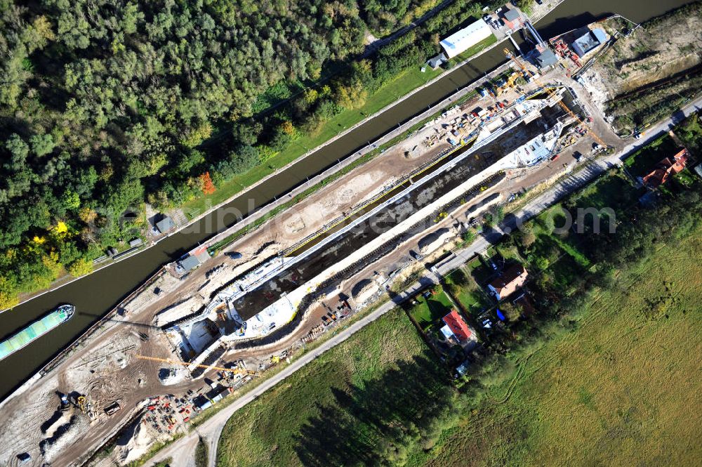 Wusterwitz from the bird's eye view: Blick auf die Erweiterungsbaustelle der Schleuse Wusterwitz am Elbe-Havel-Kanal. Ein Projekt des WSV, Wasser- und Schifffahrtsverwaltung des Bundes. View of the construction site of the expansion lock Wusterwitz.