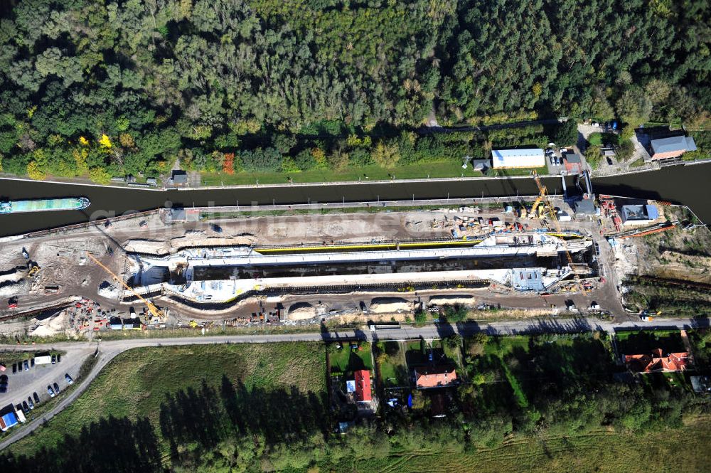 Aerial image Wusterwitz - Blick auf die Erweiterungsbaustelle der Schleuse Wusterwitz am Elbe-Havel-Kanal. Ein Projekt des WSV, Wasser- und Schifffahrtsverwaltung des Bundes. View of the construction site of the expansion lock Wusterwitz.