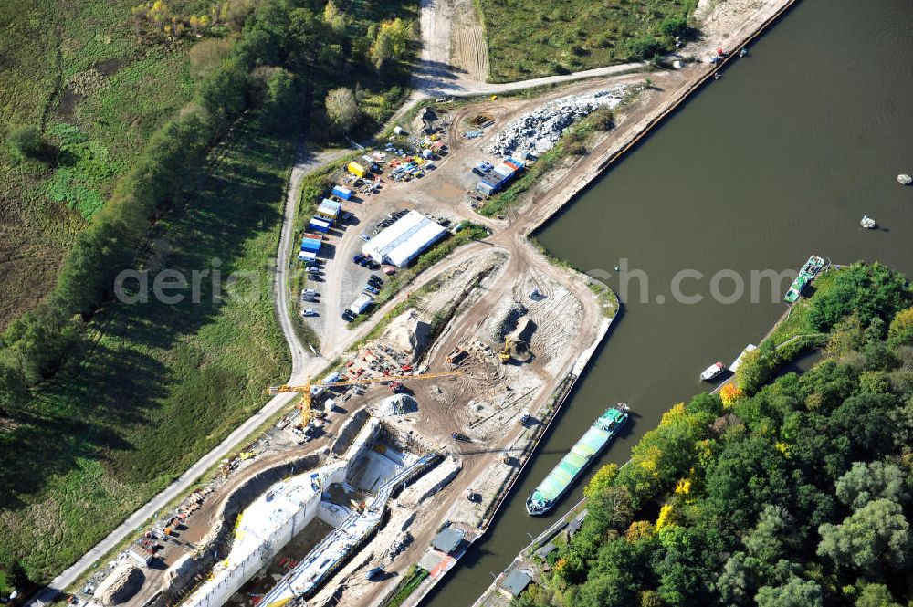 Wusterwitz from above - Blick auf die Erweiterungsbaustelle der Schleuse Wusterwitz am Elbe-Havel-Kanal. Ein Projekt des WSV, Wasser- und Schifffahrtsverwaltung des Bundes. View of the construction site of the expansion lock Wusterwitz.