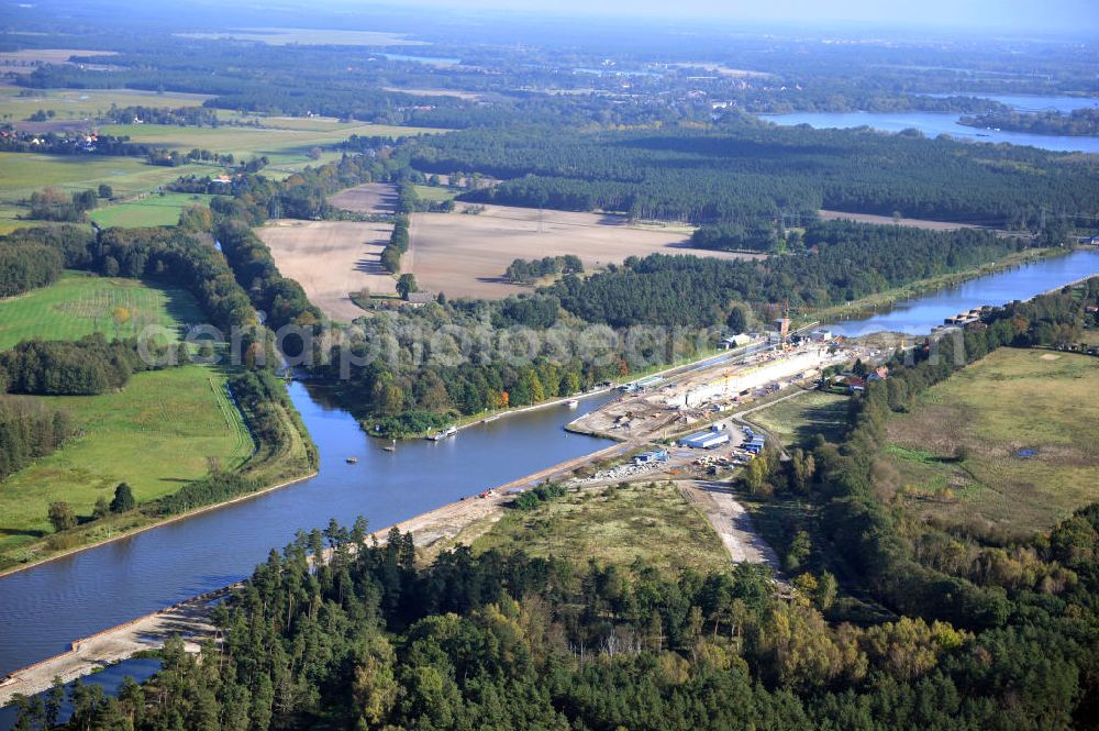 Aerial photograph Wusterwitz - Blick auf die Erweiterungsbaustelle der Schleuse Wusterwitz am Elbe-Havel-Kanal. Ein Projekt des WSV, Wasser- und Schifffahrtsverwaltung des Bundes. View of the construction site of the expansion lock Wusterwitz.