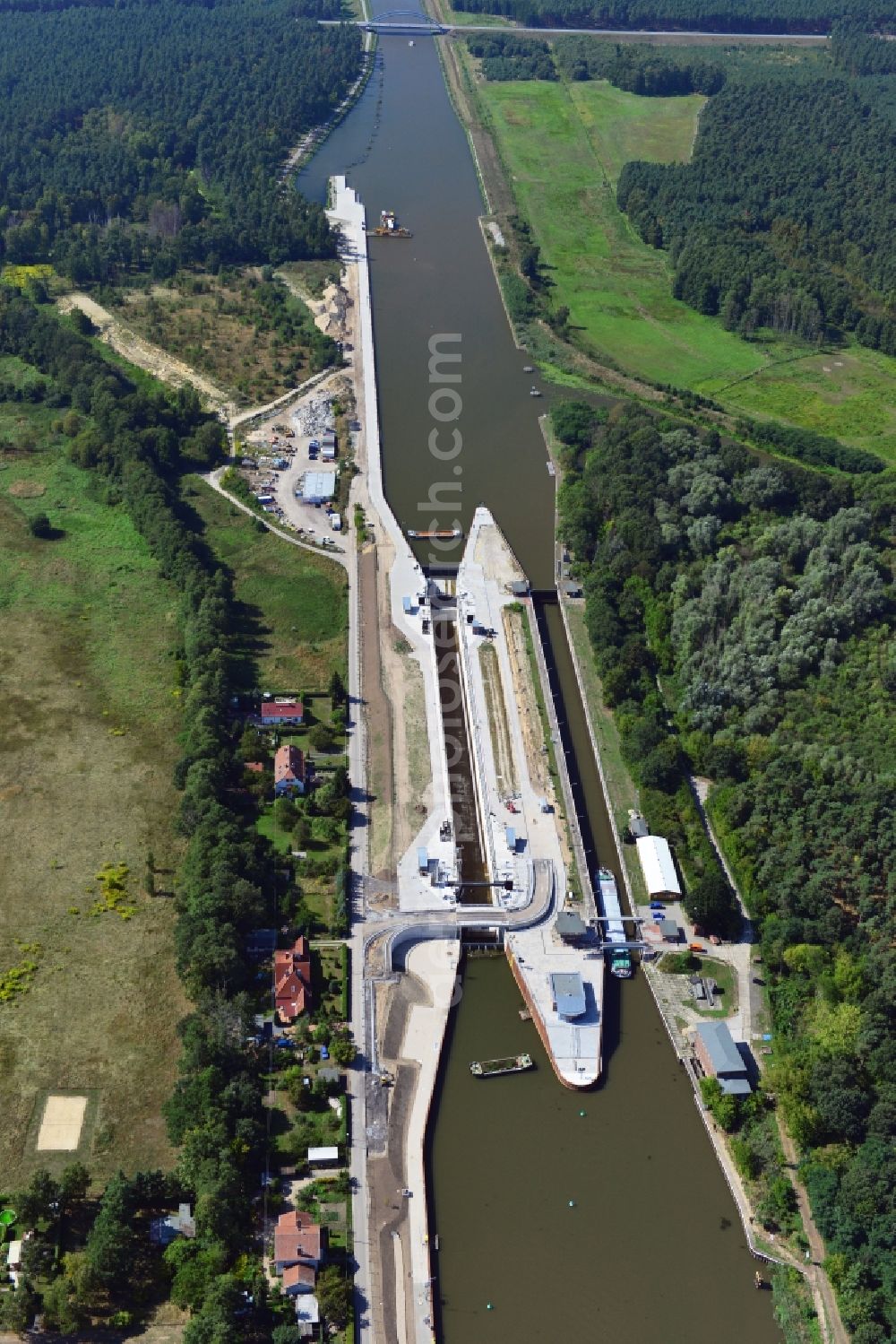 Wusterwitz from the bird's eye view: Wusterwitz lock at the Elbe-Havel-Canal in the state Brandenburg