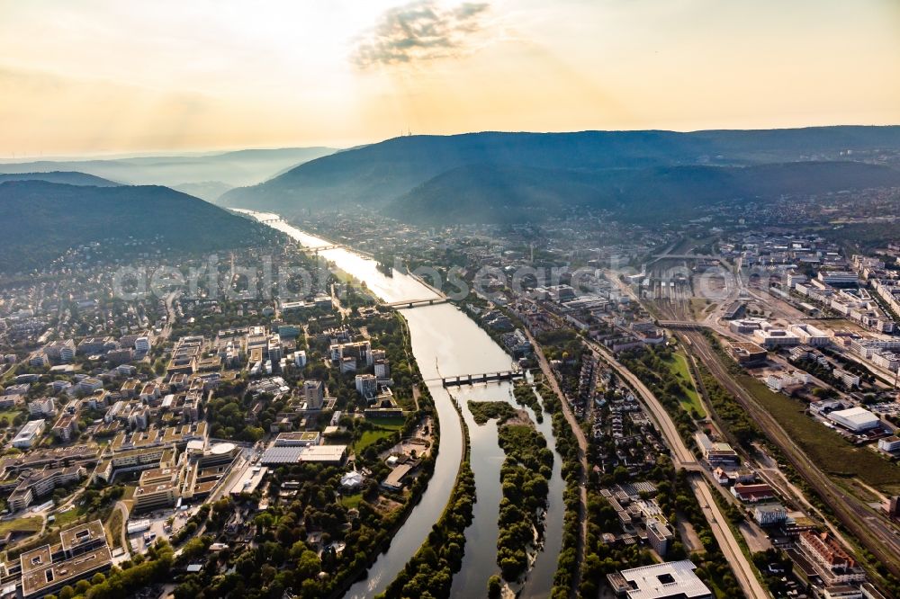 Aerial image Heidelberg - 2 2 River - bridges and 2 sluices crossing the Neckar in Heidelberg in the state Baden-Wurttemberg, Germany