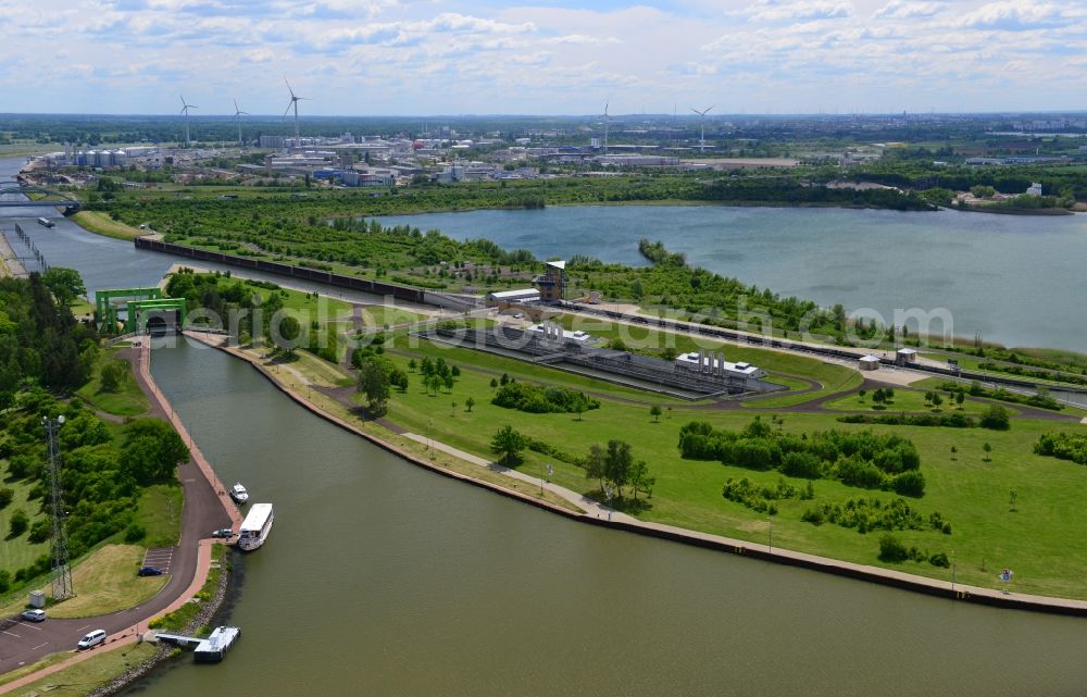 Rothensee from the bird's eye view: Ship lifting Rothensee on the Elbe-Havel Canal to the waterway intersection with MD Rothensee in Saxony-Anhalt