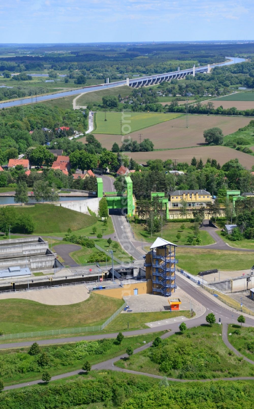 Rothensee from above - Ship lifting Rothensee on the Elbe-Havel Canal to the waterway intersection with MD Rothensee in Saxony-Anhalt