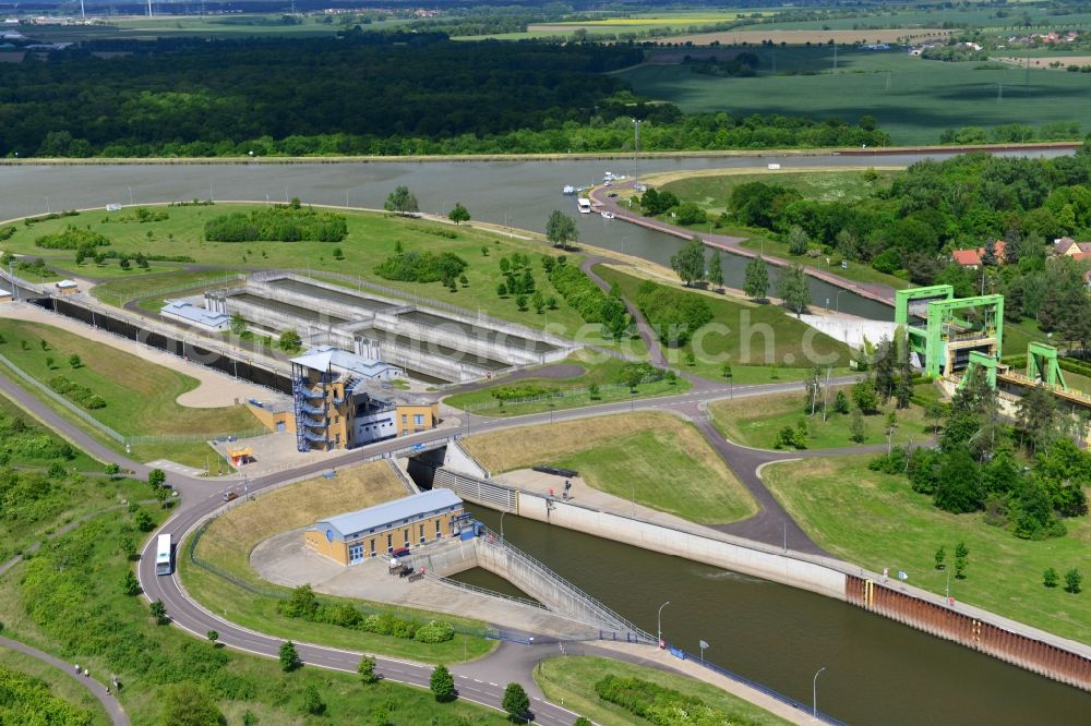 Rothensee from the bird's eye view: Ship lifting Rothensee on the Elbe-Havel Canal to the waterway intersection with MD Rothensee in Saxony-Anhalt