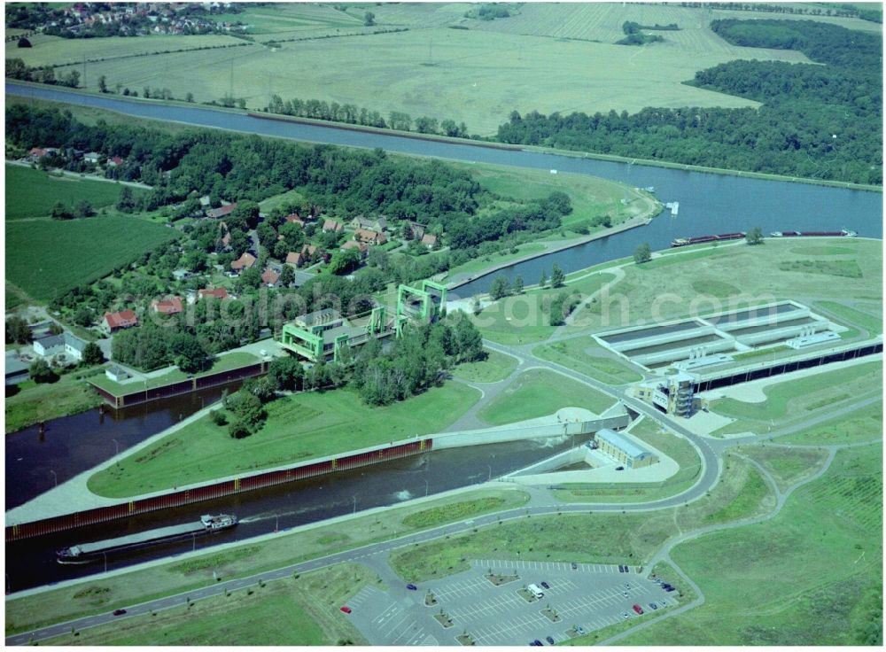 Wolmirstedt from the bird's eye view: Ship lifting Rothensee on the Elbe-Havel Canal to the waterway intersection with MD Rothensee in Saxony-Anhalt