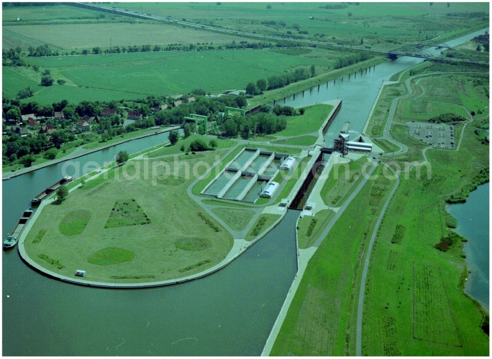 Wolmirstedt from above - Ship lifting Rothensee on the Elbe-Havel Canal to the waterway intersection with MD Rothensee in Saxony-Anhalt