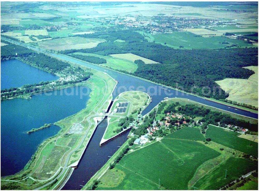 Wolmirstedt from the bird's eye view: Ship lifting Rothensee on the Elbe-Havel Canal to the waterway intersection with MD Rothensee in Saxony-Anhalt