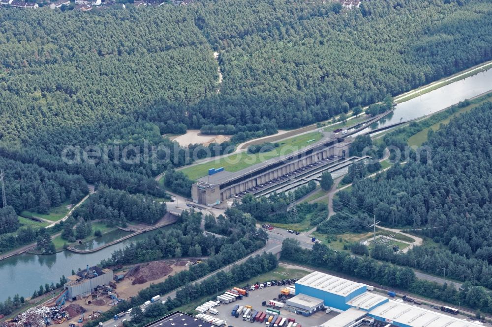 Nürnberg from above - Locks - plants Eibach on the banks of the waterway of the Main-Donau-Kanal in Nuremberg in the state Bavaria