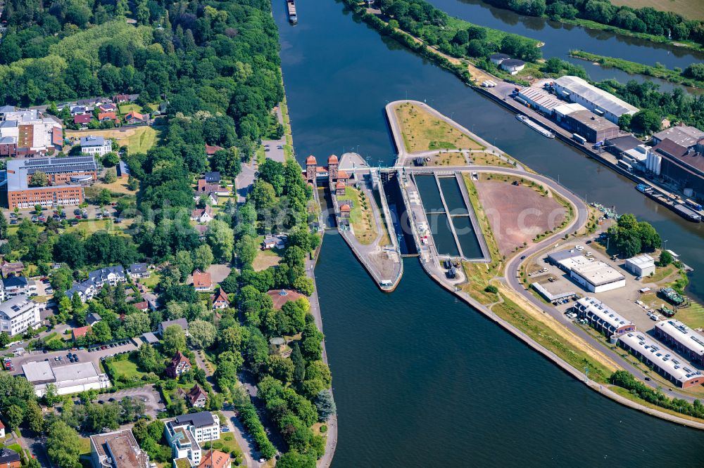 Minden from above - Lockage of the Schachtschleuse Minden on street Sympherstrasse in Minden in the state North Rhine-Westphalia, Germany