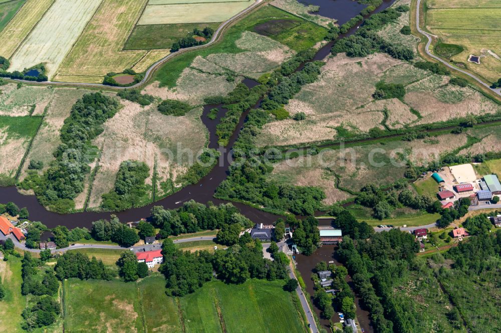 Aerial photograph Bremen - Locks - plants on the banks of the waterway of the with dem Landhaus Kuhsiehl in Bremen, Germany