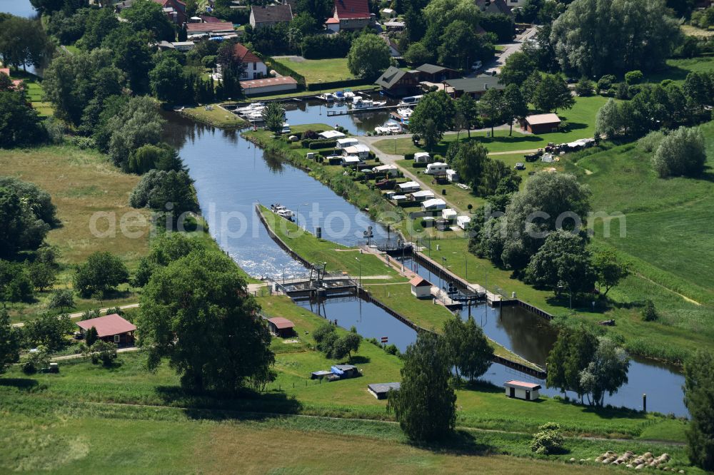 Aerial image Eldena - Locks - plants on the banks of the waterway of the MEW Mueritz-Elde-Wasserstrasse in Eldena in the state Mecklenburg - Western Pomerania, Germany