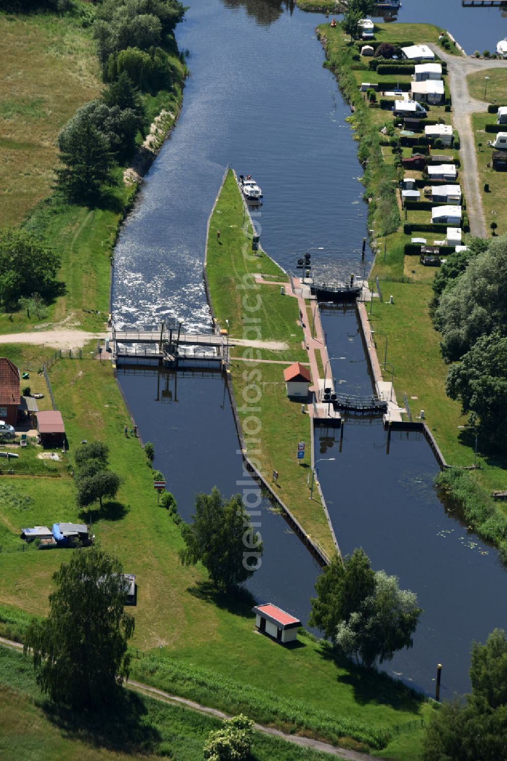 Eldena from above - Locks - plants on the banks of the waterway of the MEW Mueritz-Elde-Wasserstrasse in Eldena in the state Mecklenburg - Western Pomerania, Germany