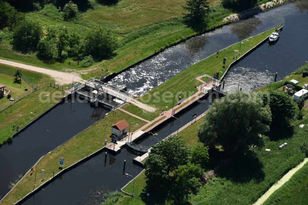 Eldena from the bird's eye view: Locks - plants on the banks of the waterway of the MEW Mueritz-Elde-Wasserstrasse in Eldena in the state Mecklenburg - Western Pomerania, Germany