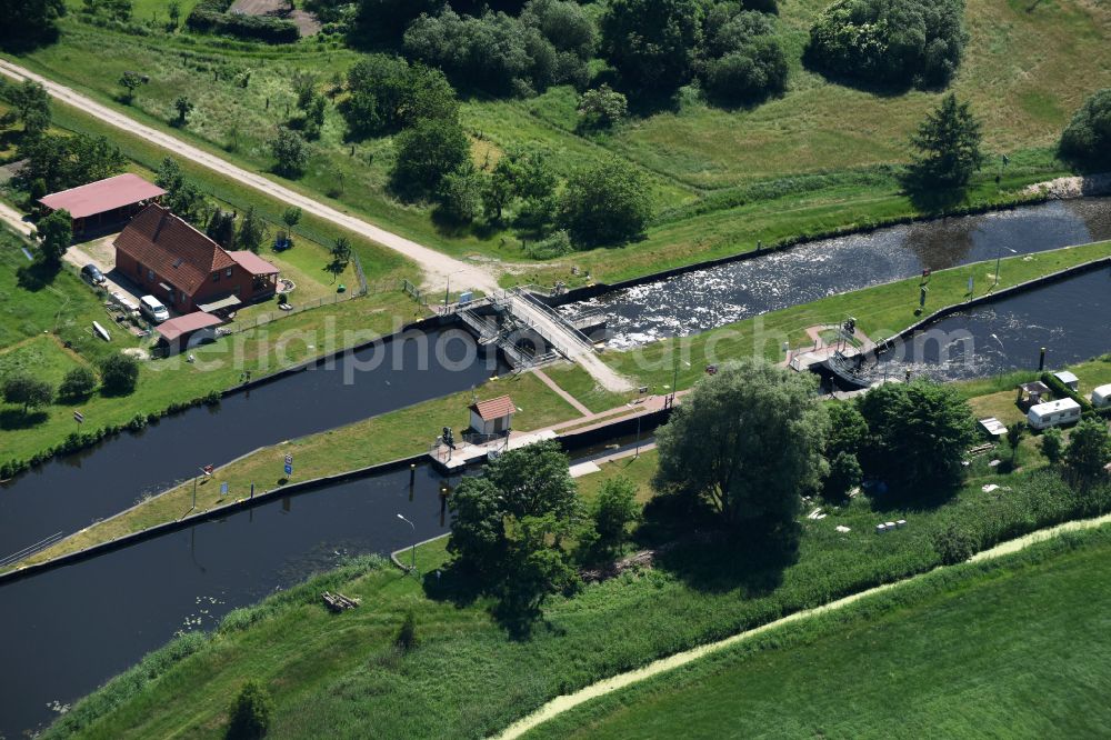 Aerial image Eldena - Locks - plants on the banks of the waterway of the MEW Mueritz-Elde-Wasserstrasse in Eldena in the state Mecklenburg - Western Pomerania, Germany