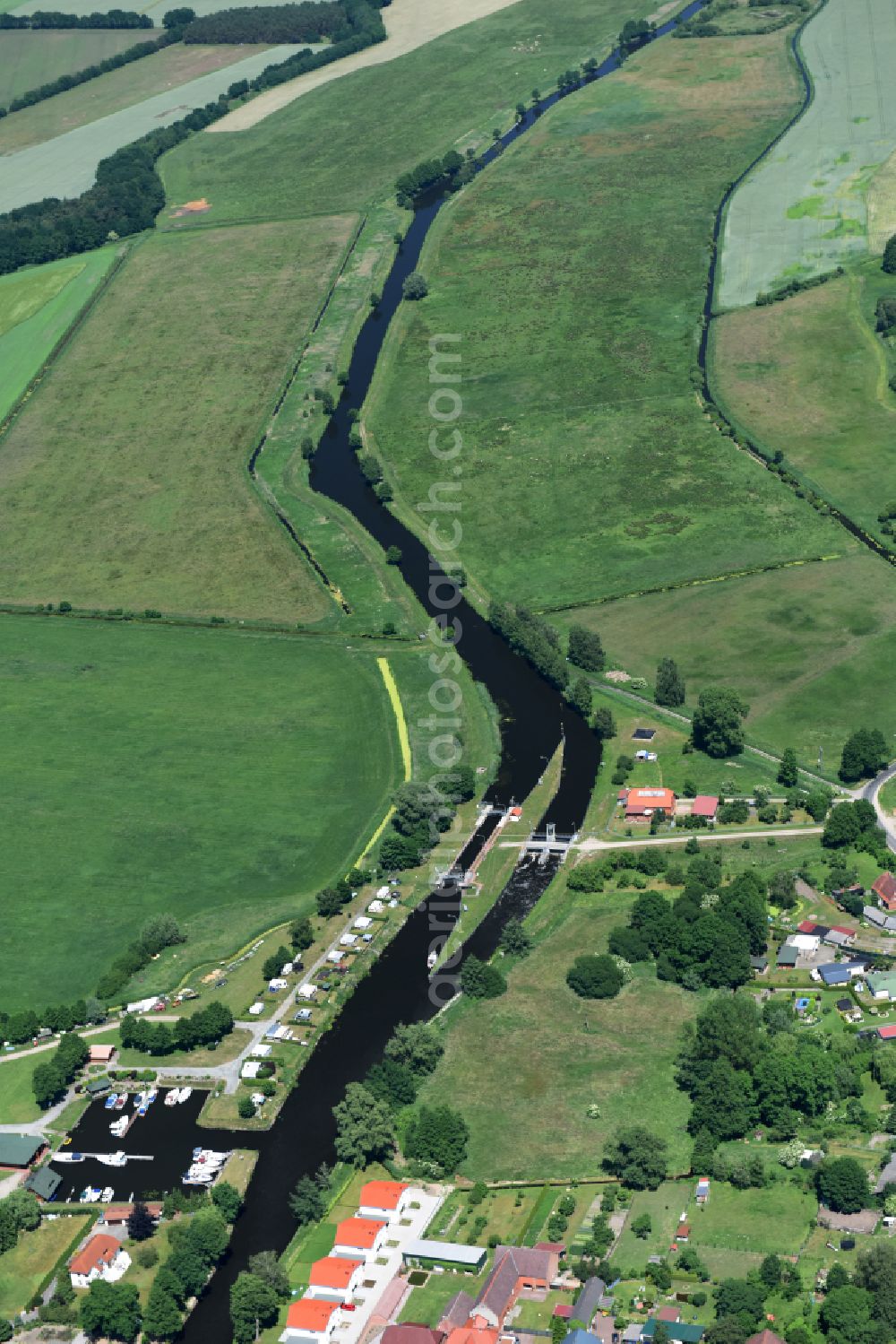 Aerial image Eldena - Locks - plants on the banks of the waterway of the MEW Mueritz-Elde-Wasserstrasse in Eldena in the state Mecklenburg - Western Pomerania, Germany