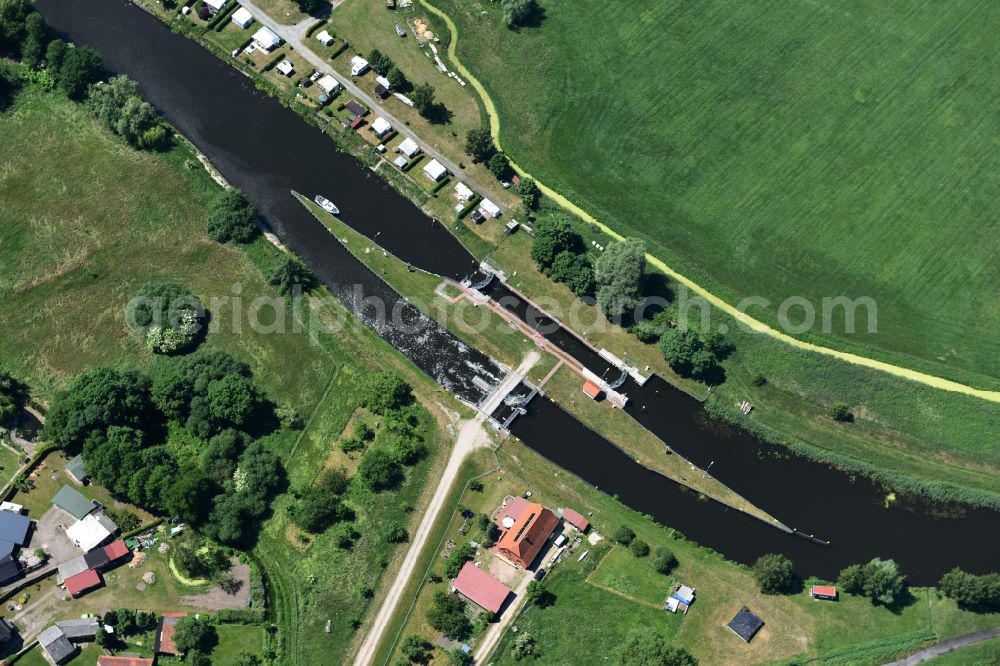 Aerial image Eldena - Locks - plants on the banks of the waterway of the MEW Mueritz-Elde-Wasserstrasse in Eldena in the state Mecklenburg - Western Pomerania, Germany