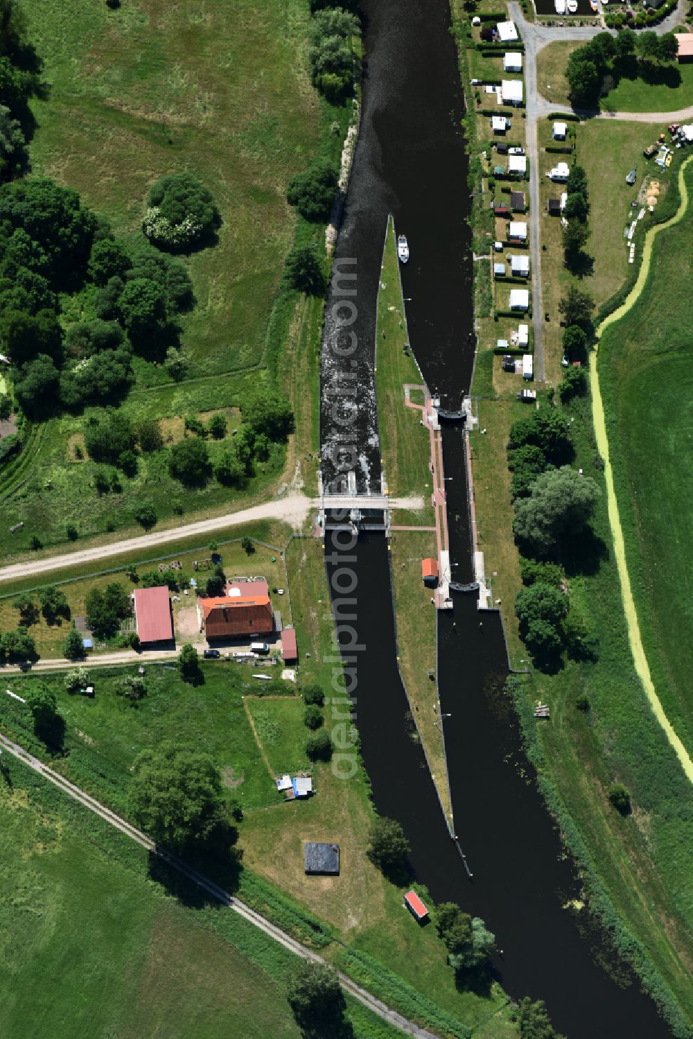 Eldena from above - Locks - plants on the banks of the waterway of the MEW Mueritz-Elde-Wasserstrasse in Eldena in the state Mecklenburg - Western Pomerania, Germany