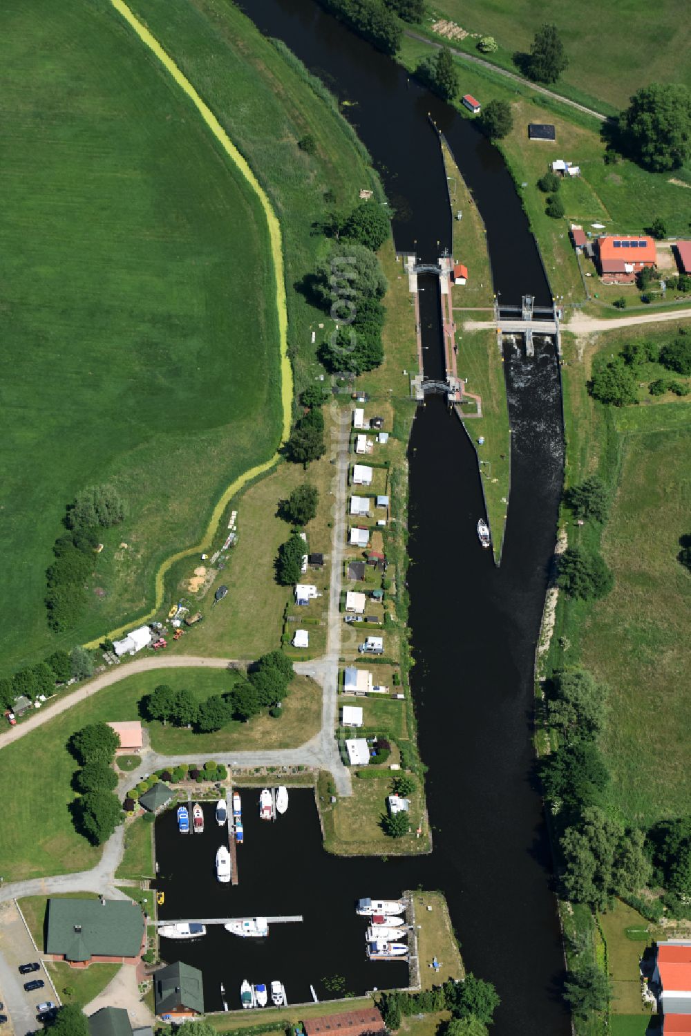 Aerial image Eldena - Locks - plants on the banks of the waterway of the MEW Mueritz-Elde-Wasserstrasse in Eldena in the state Mecklenburg - Western Pomerania, Germany