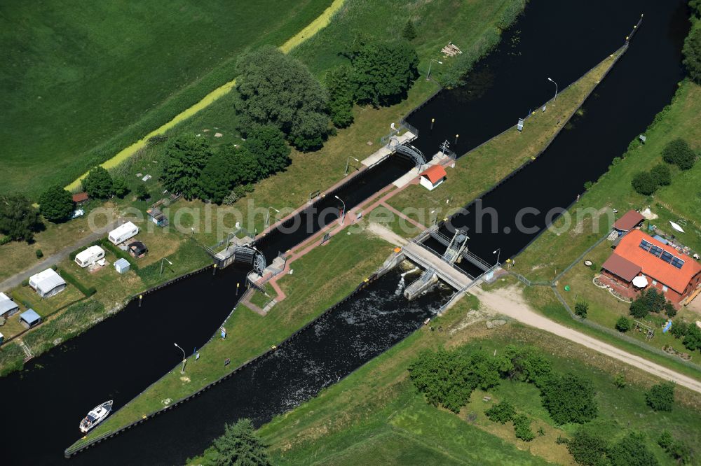 Eldena from above - Locks - plants on the banks of the waterway of the MEW Mueritz-Elde-Wasserstrasse in Eldena in the state Mecklenburg - Western Pomerania, Germany