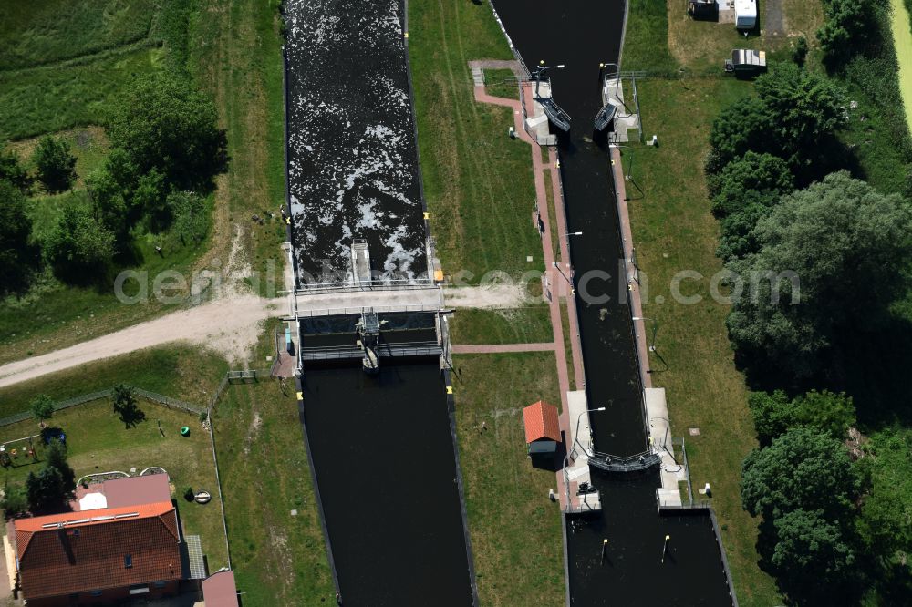 Aerial image Eldena - Locks - plants on the banks of the waterway of the MEW Mueritz-Elde-Wasserstrasse in Eldena in the state Mecklenburg - Western Pomerania, Germany