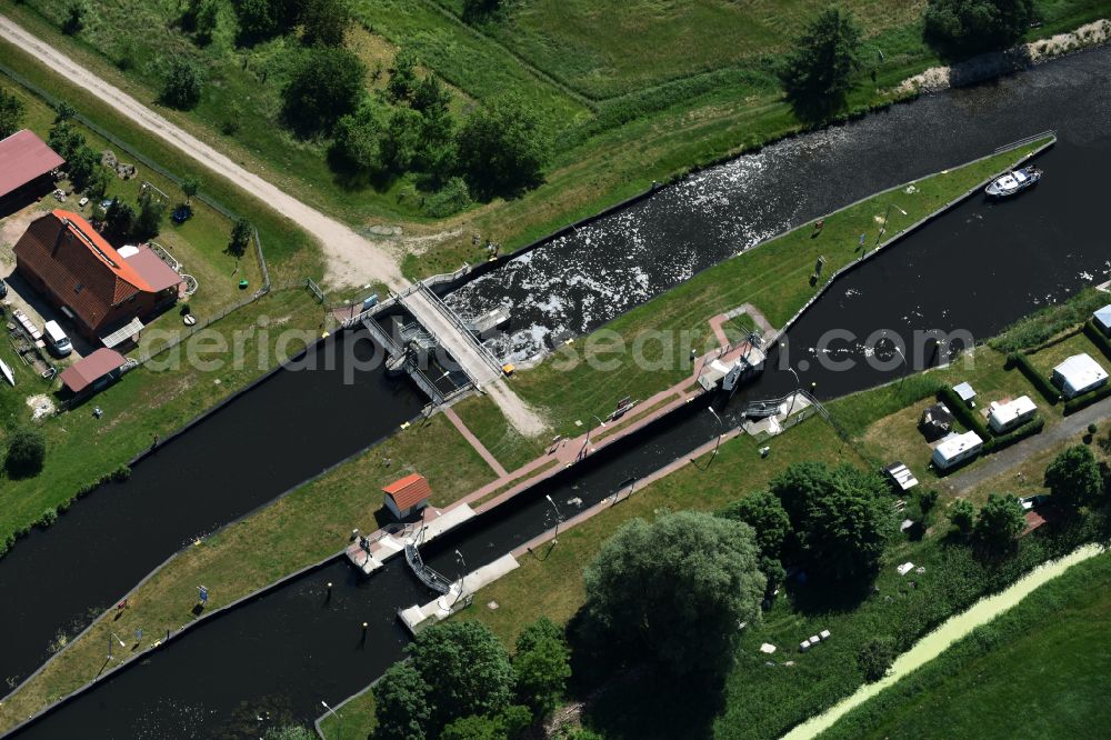 Eldena from above - Locks - plants on the banks of the waterway of the MEW Mueritz-Elde-Wasserstrasse in Eldena in the state Mecklenburg - Western Pomerania, Germany