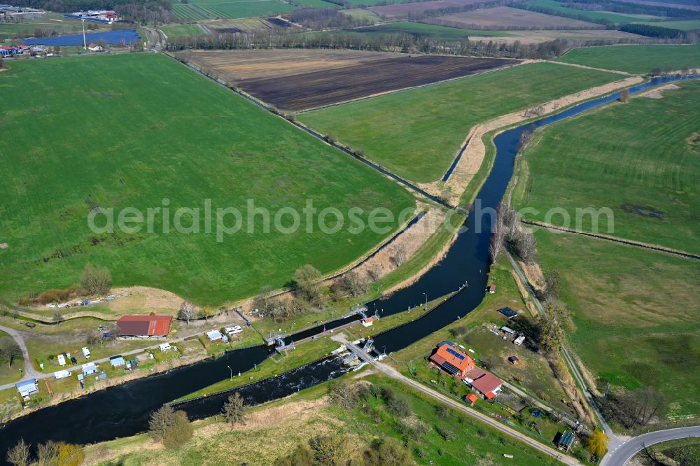 Eldena from the bird's eye view: Locks - plants on the banks of the waterway of the MEW Mueritz-Elde-Wasserstrasse in Eldena in the state Mecklenburg - Western Pomerania, Germany
