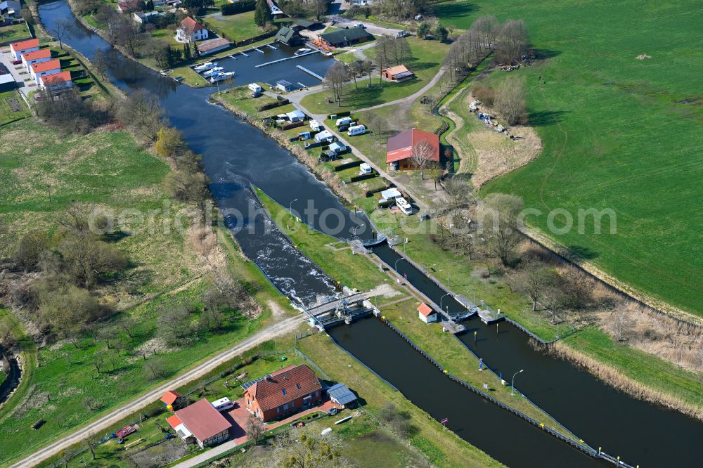 Aerial image Eldena - Locks - plants on the banks of the waterway of the MEW Mueritz-Elde-Wasserstrasse in Eldena in the state Mecklenburg - Western Pomerania, Germany