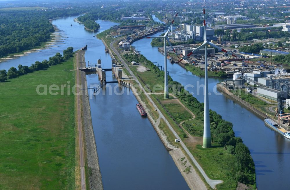 Magdeburg from above - Locks - plants on the banks of the waterway of the Abstiegskanal Rothensee in Magdeburg in the state Saxony-Anhalt