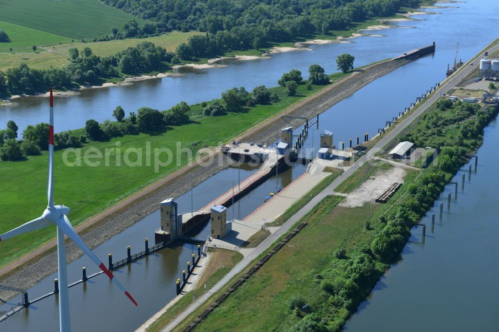 Aerial image Magdeburg - Locks - plants on the banks of the waterway of the Abstiegskanal Rothensee in Magdeburg in the state Saxony-Anhalt