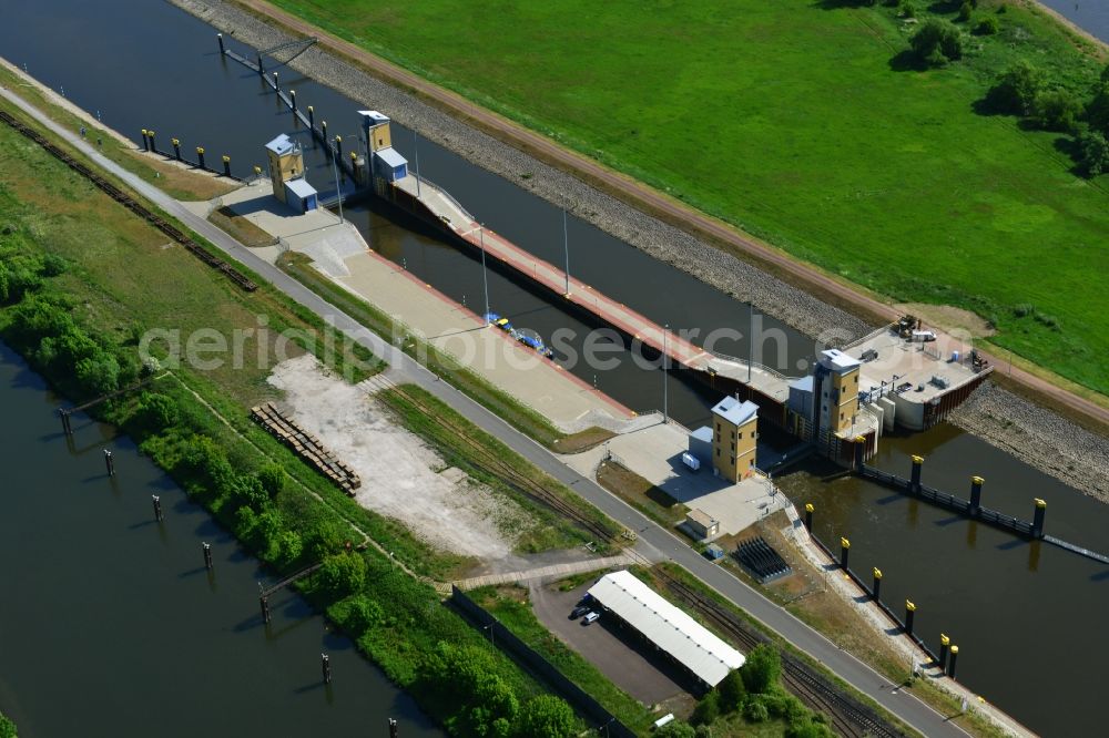 Magdeburg from above - Locks - plants on the banks of the waterway of the Abstiegskanal Rothensee in Magdeburg in the state Saxony-Anhalt