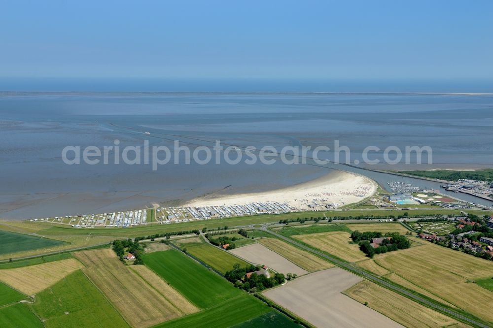 Aerial image Esens - Locks - plants on the banks of the waterway of the Benser Tief chanel in Esens in the state Lower Saxony