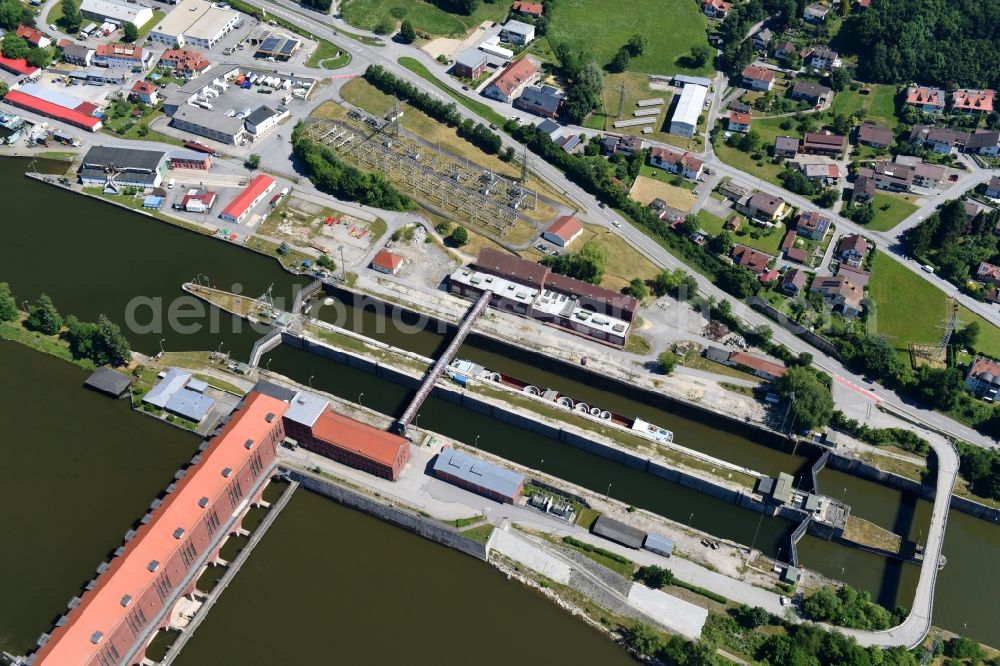 Passau from above - Locks - plants on the banks of the waterway of the Danube in the district Maierhof in Passau in the state Bavaria, Germany