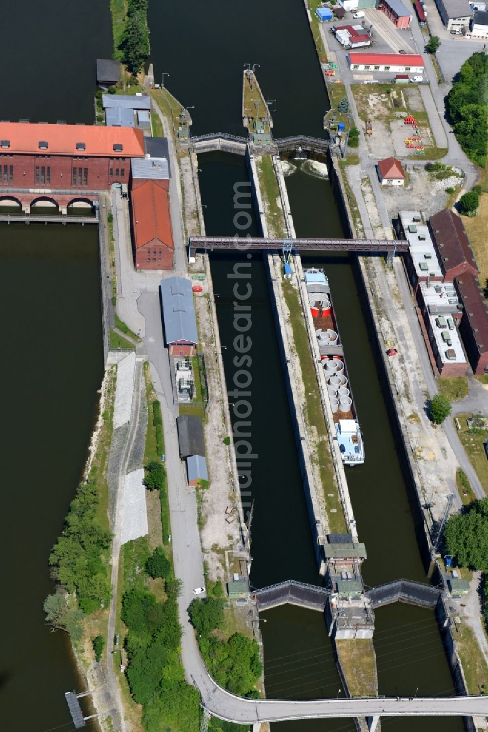 Passau from above - Locks - plants on the banks of the waterway of the Danube in the district Maierhof in Passau in the state Bavaria, Germany