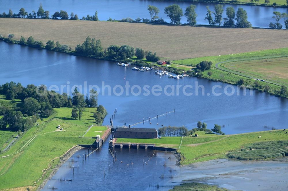 Aerial image Drage - Locks - plants Nordfeld Schleuse on the banks of the waterway of the Eider in Drage in the state Schleswig-Holstein