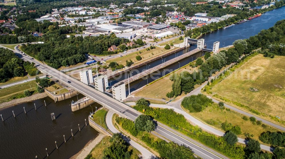 Geesthacht from above - Locks - plants on the banks of the waterway of the Elbe in Geesthacht in the state Schleswig-Holstein, Germany