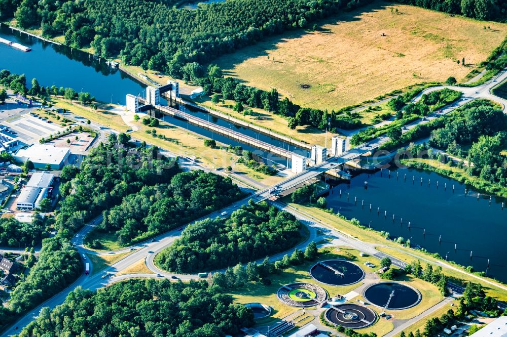 Geesthacht from above - Lock systems on the banks of the Elbe waterway in Geesthacht in the state Schleswig-Holstein, Germany