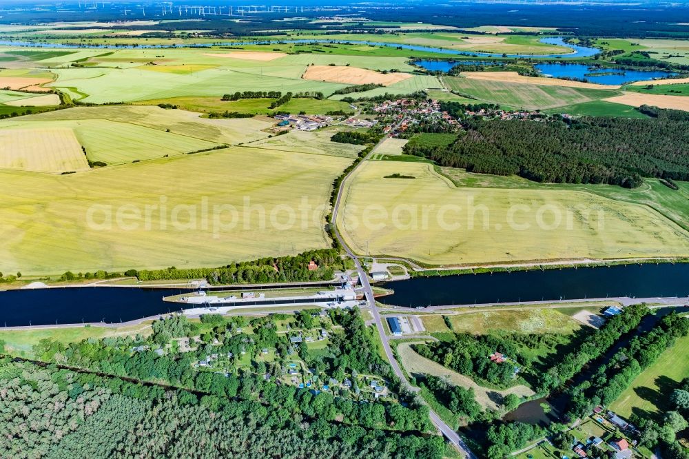 Güsen from above - Lock systems on the banks of the Elbe-Havel Canal in Guesen district Zorben in the state Saxony-Anhalt, Germany