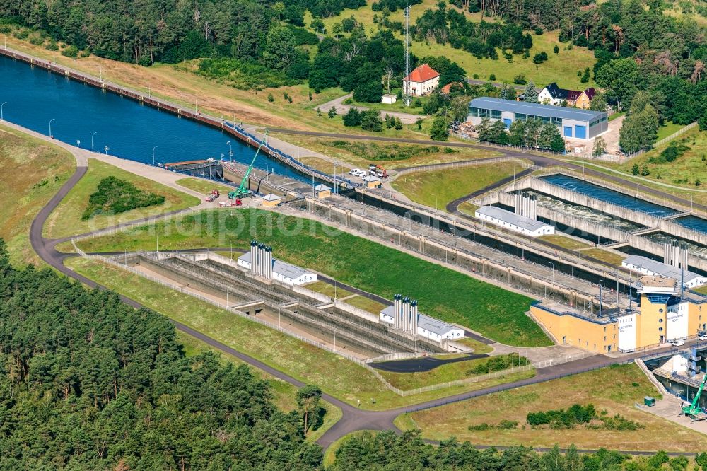 Hohenwarthe from above - Locks - plants on the banks of the waterway of the Elbe-Havel-Kanal in Hohenwarthe in the state Saxony-Anhalt, Germany