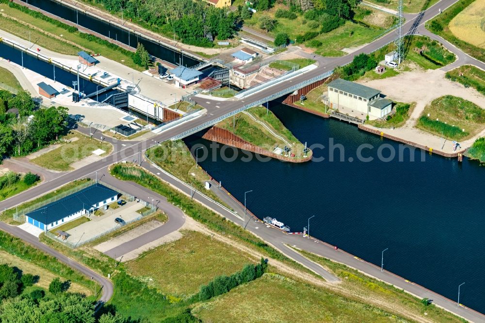 Zerben from the bird's eye view: Locks - plants on the banks of the waterway of the Elbe-Havel-Kanal in Zerben in the state Saxony-Anhalt, Germany