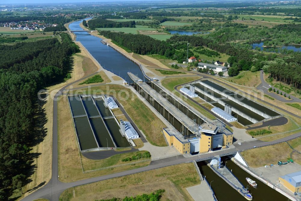 Hohenwarthe from above - Locks - plants on the banks of the waterway of the Elbe-Havel-Kanales in Hohenwarthe in the state Saxony-Anhalt