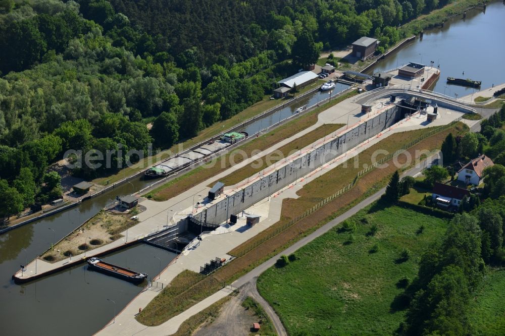 Wusterwitz from above - Locks - plants on the banks of the waterway of the Elbe-Havel-Kanales in Wusterwitz in the state Brandenburg