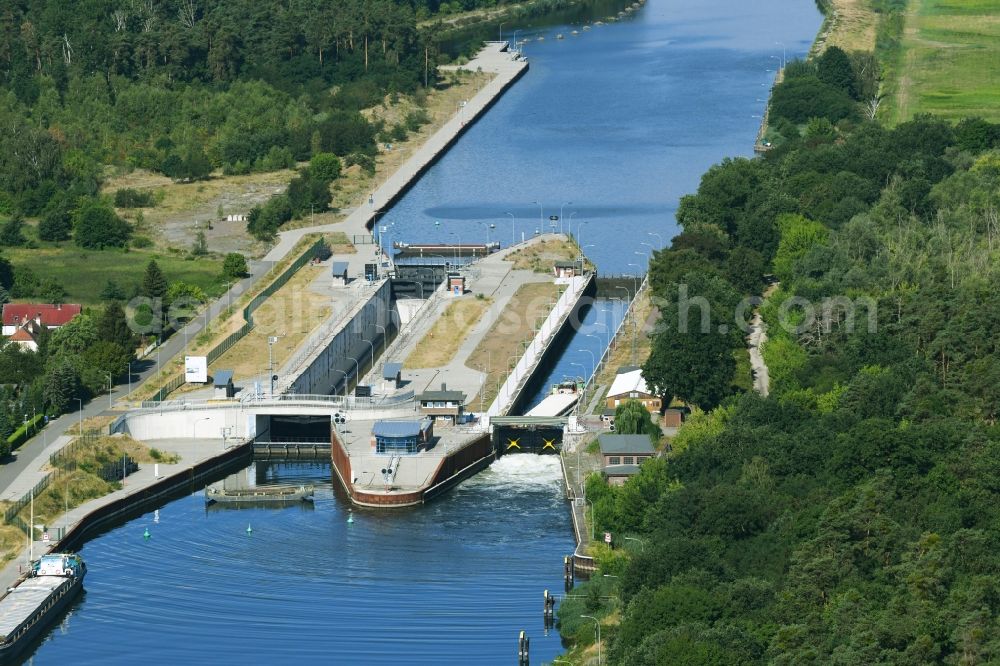 Wusterwitz from the bird's eye view: Locks - plants on the banks of the waterway of the Elbe-Havel-Kanales in Wusterwitz in the state Brandenburg