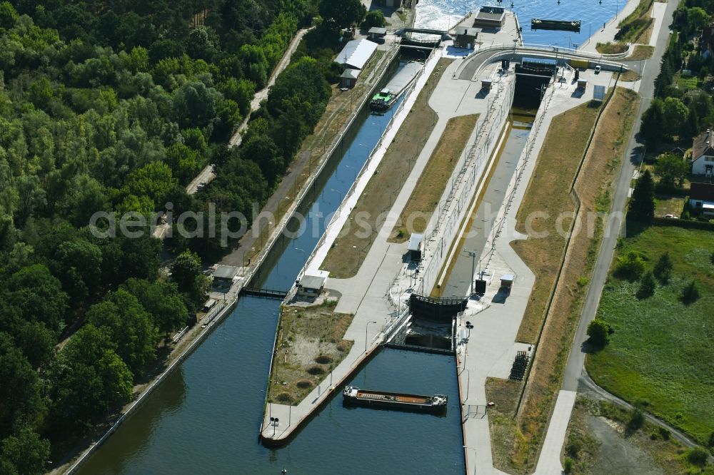 Wusterwitz from above - Locks - plants on the banks of the waterway of the Elbe-Havel-Kanales in Wusterwitz in the state Brandenburg