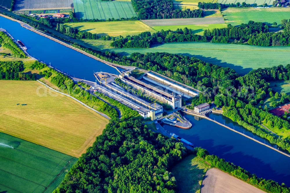 Esterholz from above - Locks - plants on the banks of the waterway of the Elbe Seitenkanal in Esterholz in the state Lower Saxony, Germany