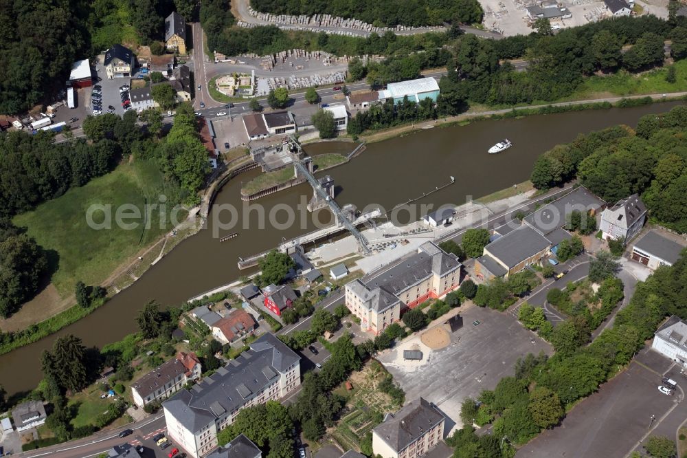 Diez from above - Locks - plants on the banks of the waterway of the Lahn in Diez in the state Rhineland-Palatinate, Germany