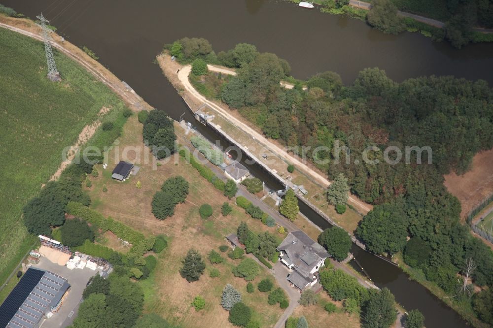 Bad Ems from above - Locks - plants on the banks of the waterway of the Lahn in the district Maaracker in Bad Ems in the state Rhineland-Palatinate, Germany