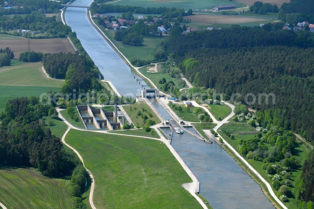 Aerial image Hilpoltstein - Locks - plants on the banks of the waterway of the Main-Donau-Kanal in Hilpoltstein in the state Bavaria, Germany